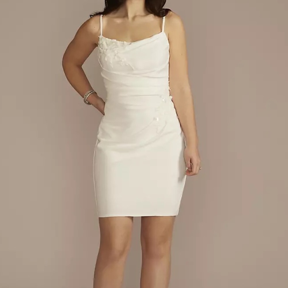 David’s Bridal Floral Lace Applique Crepe Mini Dress